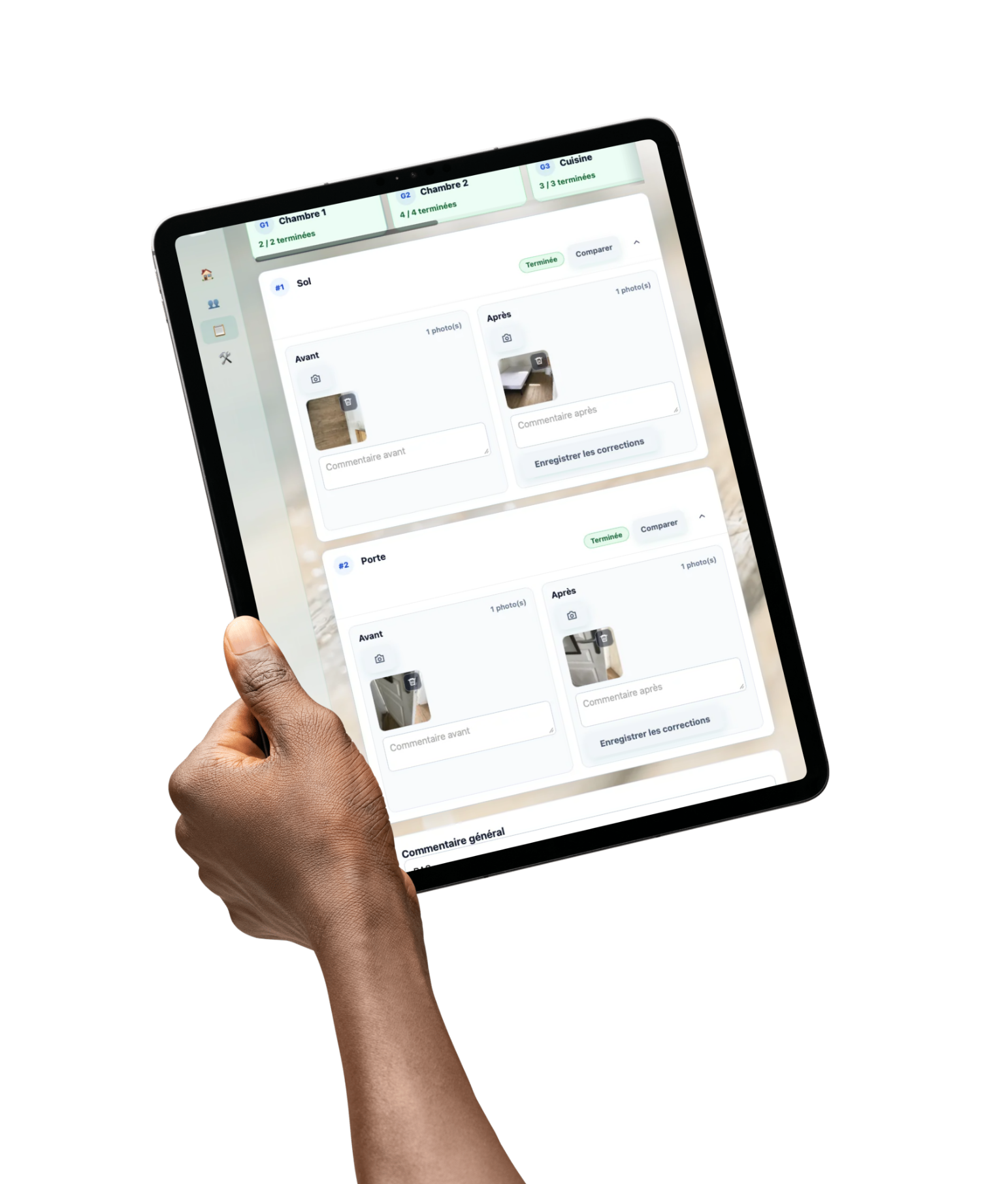 Application de suivi affichant des photos avant et après intervention sur une tablette.