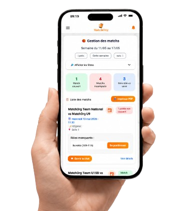 Application mobile MatchOrg affichant la gestion des matchs et le suivi des rôles des bénévoles