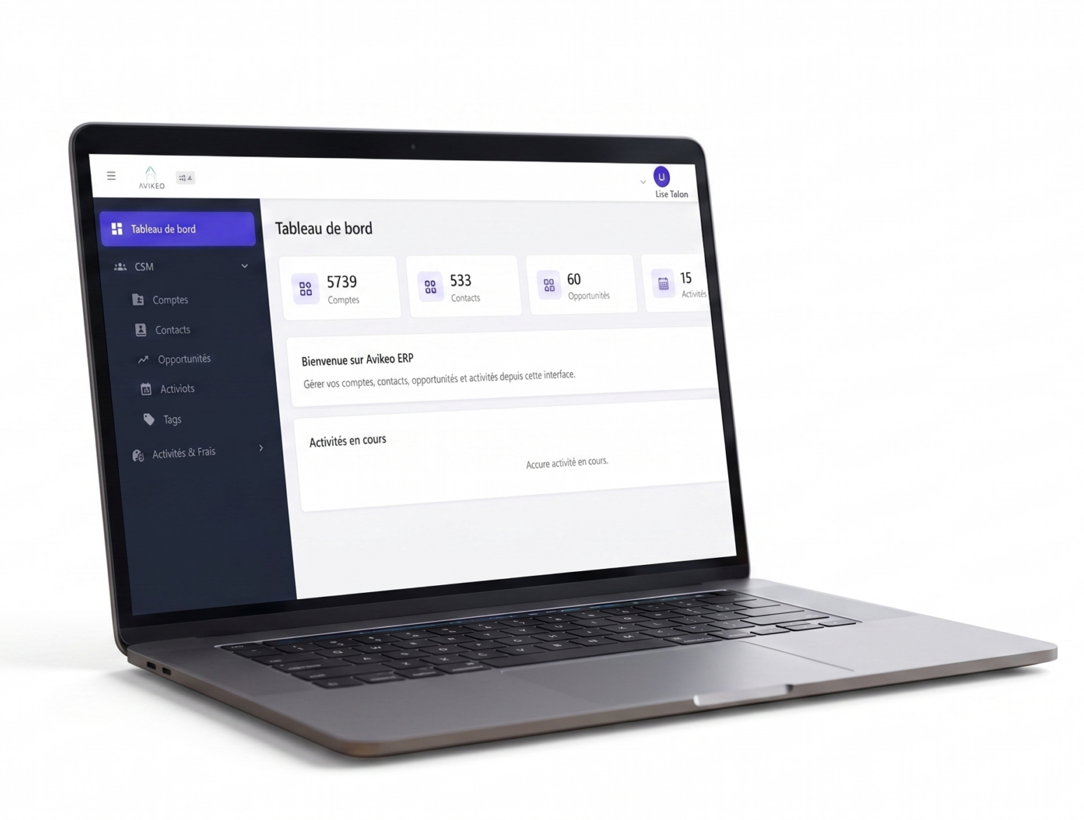 Ordinateur portable affichant le tableau de bord d’Avikeo ERP avec les comptes, contacts, opportunités et activités