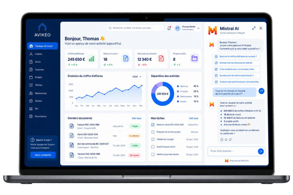 Assistant IA Mistral intégré à une interface de gestion d’entreprise Avikeo