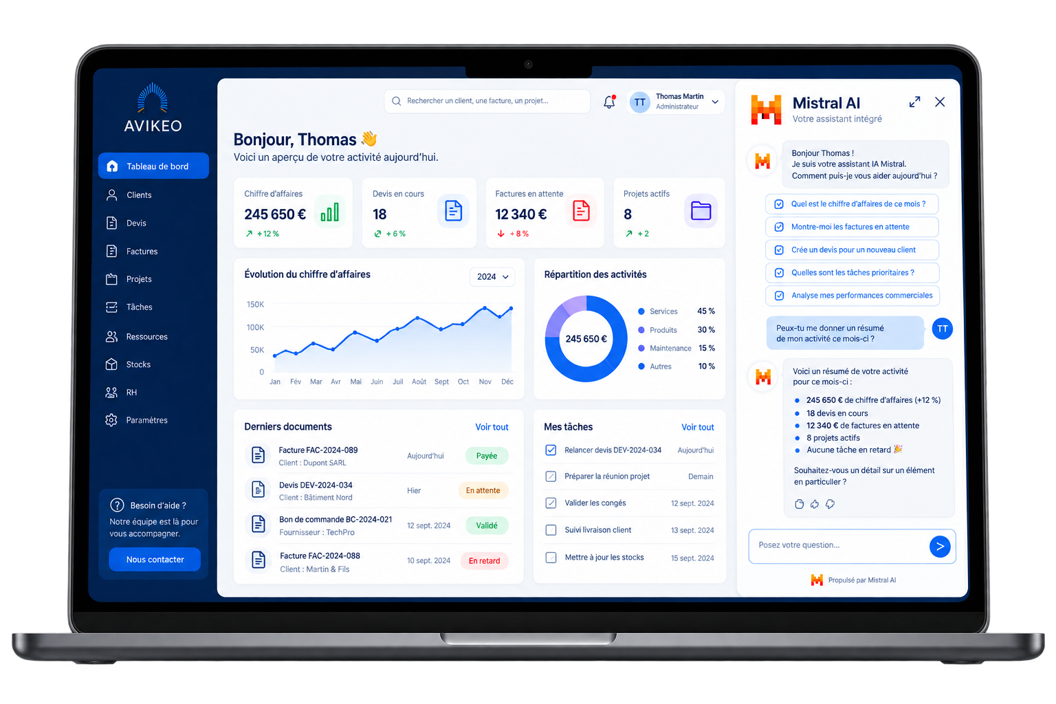 Assistant IA Mistral intégré à une interface de gestion d’entreprise Avikeo