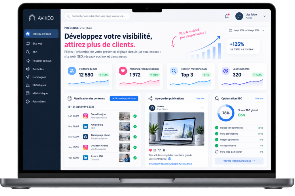 Interface Avikeo de gestion de la présence digitale avec outils SEO, réseaux sociaux et statistiques
