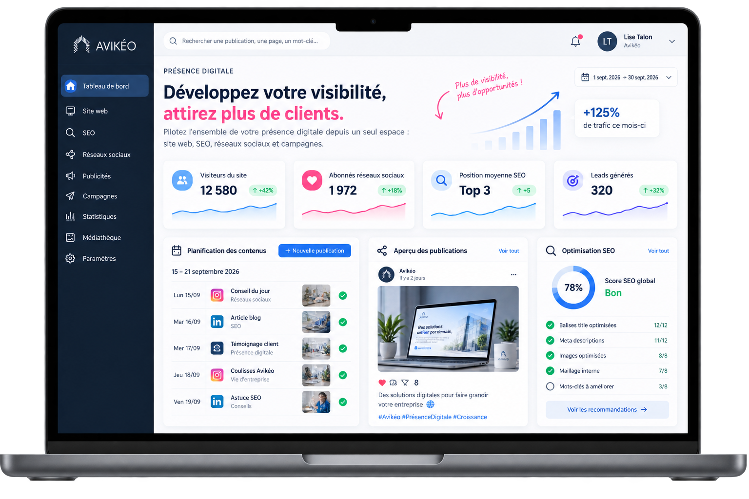 Interface Avikeo de gestion de la présence digitale avec outils SEO, réseaux sociaux et statistiques